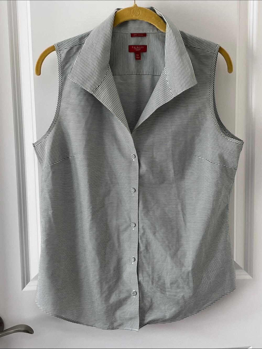 Talbots Petite Haberdashery Green & White Striped Collared Blouse Cotton NWOT